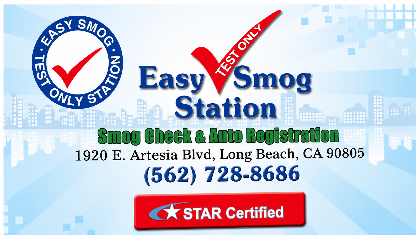 Easy Smog Station card with STAR certified smog check and auto registration information in Long Beach